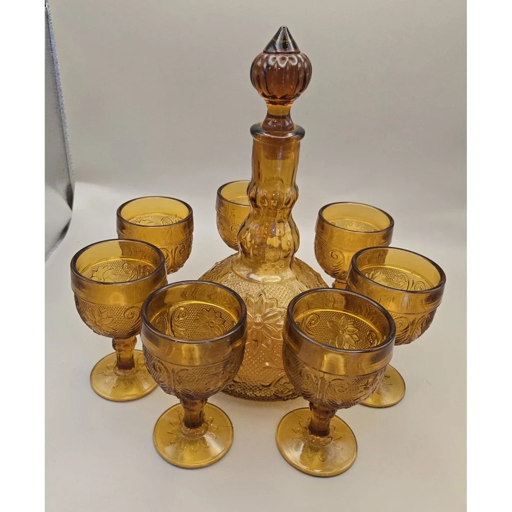Vintage Decanter Amber Glass‎ Set With 7 Matching Goblets. Tara